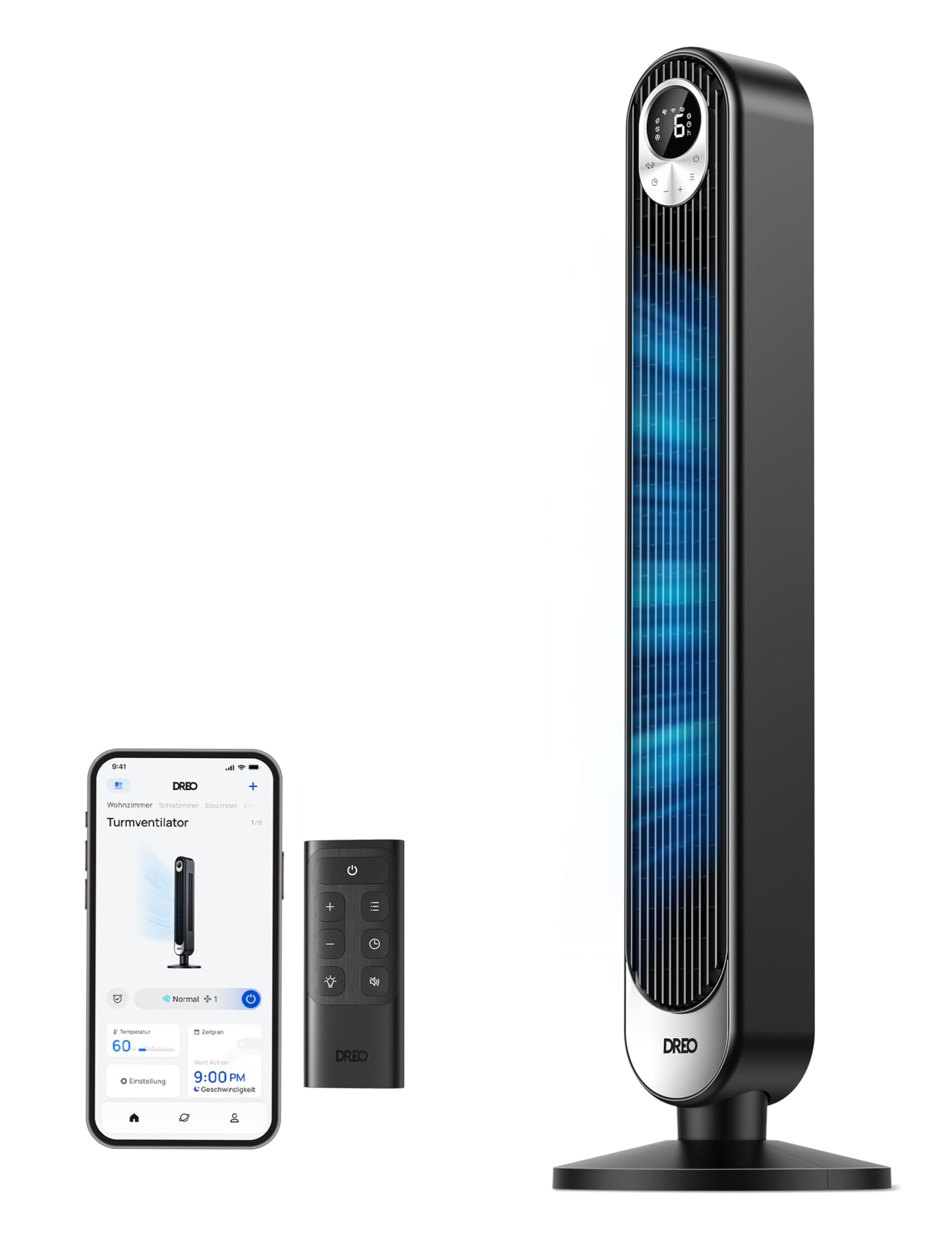 Dreo Smart Turmventilator – 20 dB leise, 9 m Reichweite, 6 Stufen, 4 Modi, 90° Oszillation, Fernbedienung, Sprachsteuerung, 12 h Timer
