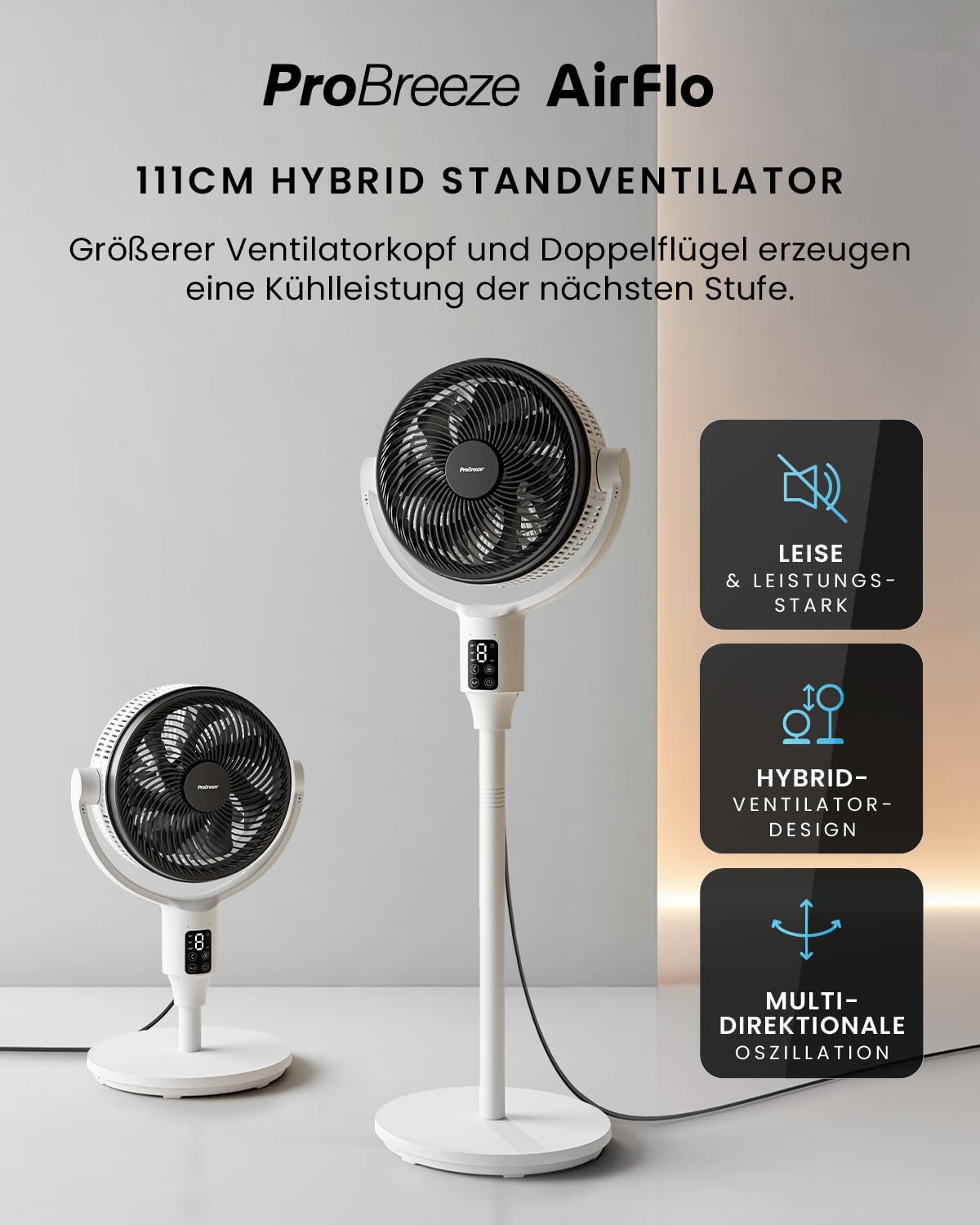 Pro Breeze 111 cm Smart Standventilator mit Timer, LED, App & Fernbedienung, 2 Modi, Oszillation, energieeffizient