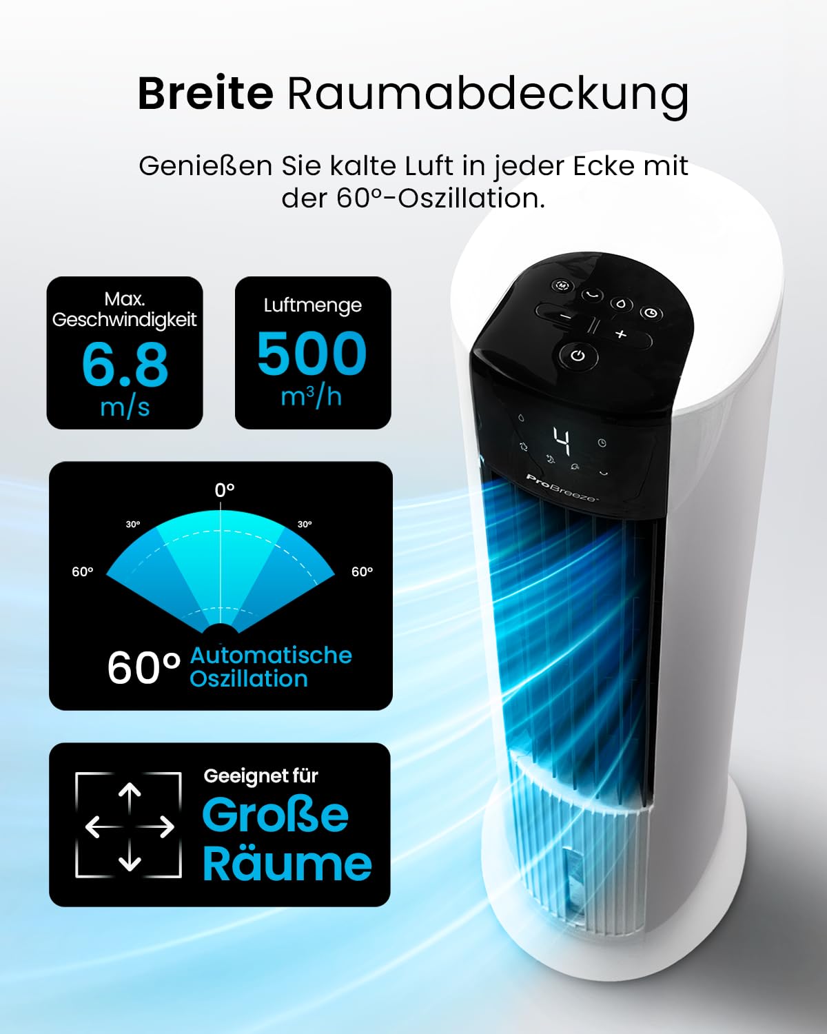 Pro Breeze OmniAir Turmventilator mit Wasserkühlung – 4 Modi, 4 Stufen, Fernbedienung, leise, 7L Verdunstungskühler, mobile Klimaanlage ohne Abluft