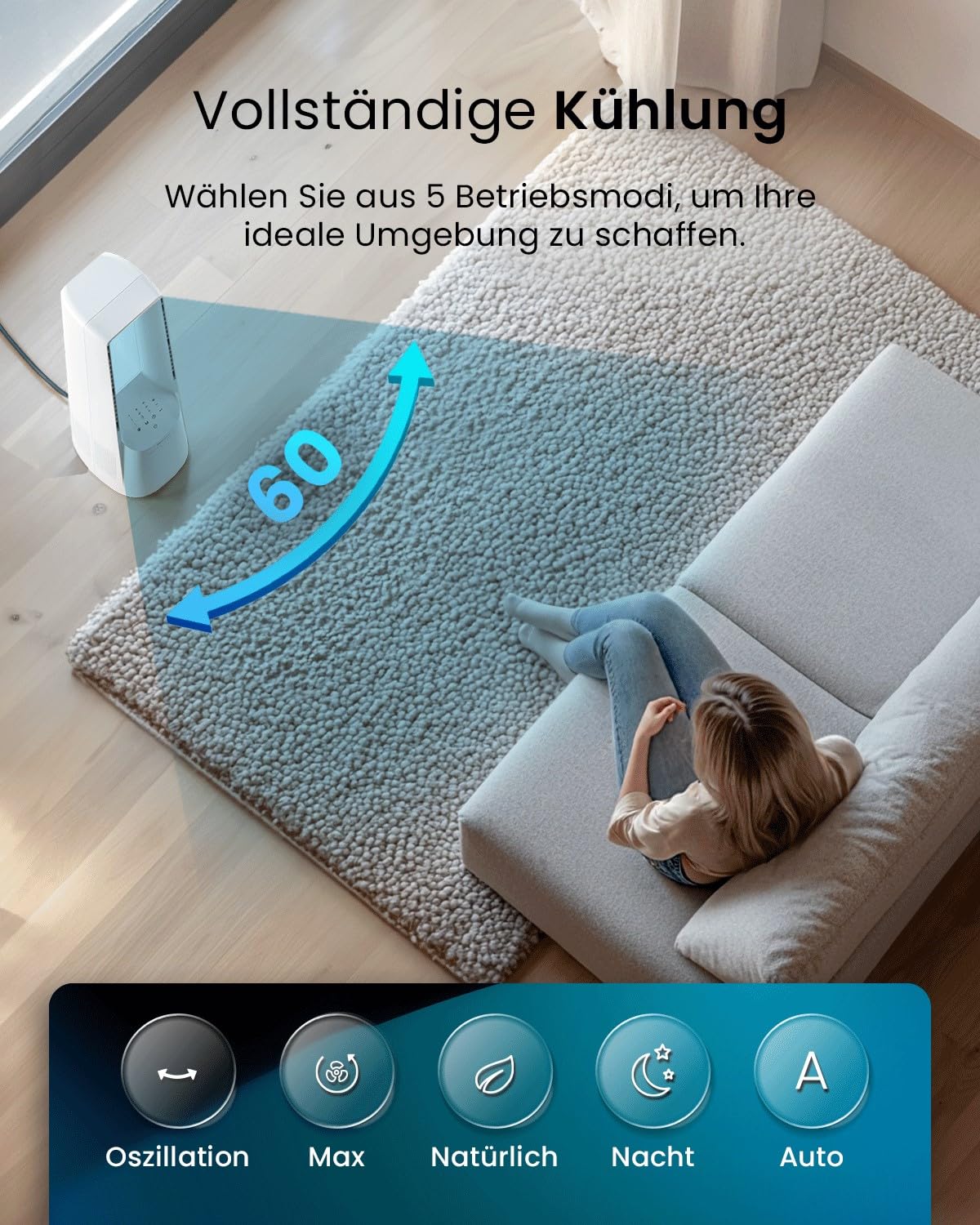 Pro Breeze 101 cm rotorloser Turmventilator – WLAN, Fernbedienung, LED, 6 Stufen, 5 Modi, 60° Oszillation, Timer, sehr leise