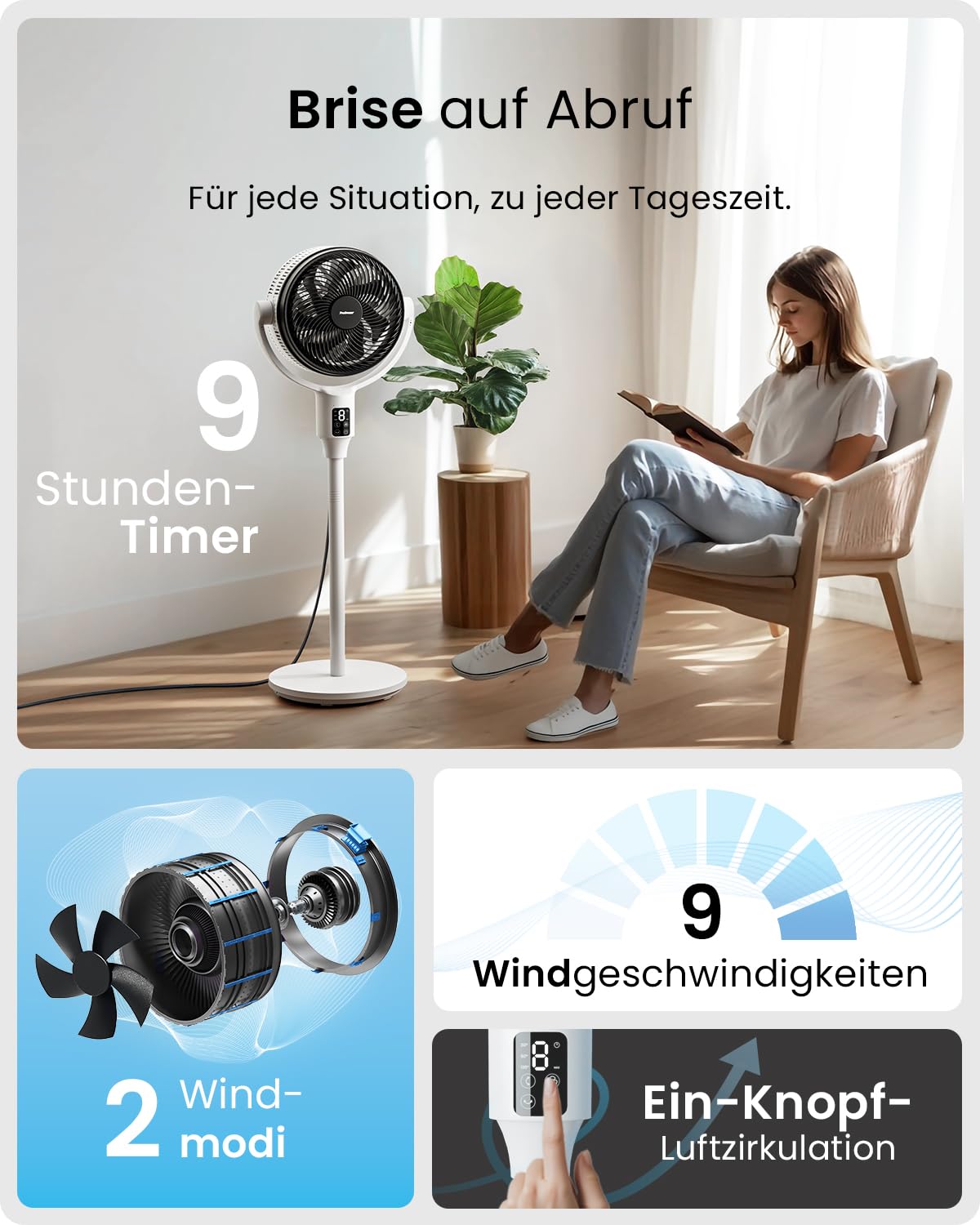Pro Breeze 111 cm Smart Standventilator mit Timer, LED, App & Fernbedienung, 2 Modi, Oszillation, energieeffizient