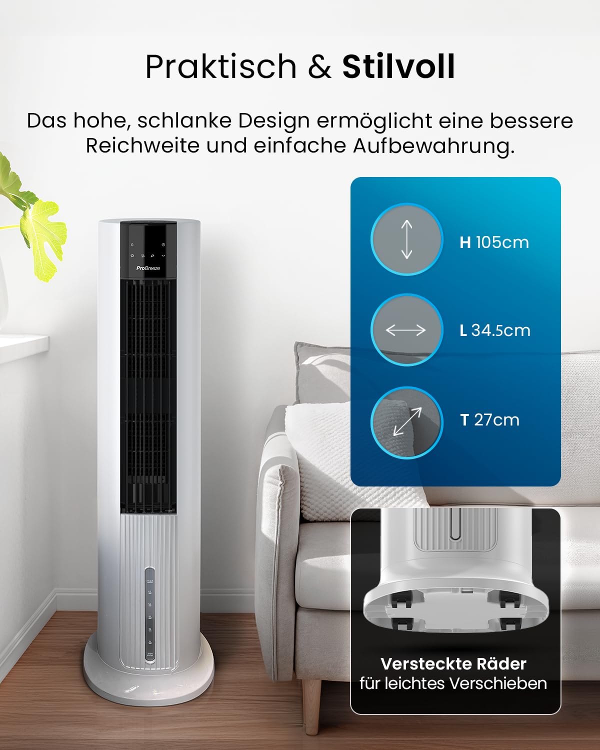 Pro Breeze OmniAir Turmventilator mit Wasserkühlung – 4 Modi, 4 Stufen, Fernbedienung, leise, 7L Verdunstungskühler, mobile Klimaanlage ohne Abluft