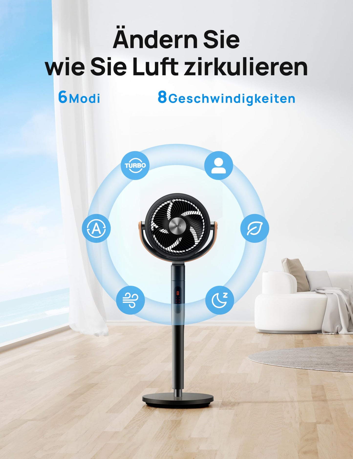 Dreo 25 dB leiser Smart Standventilator – 120°+105° Oszillation, 30 m Reichweite, 1650 m³/h Luftvolumen, Turbo-Luftzirkulator, 6 Modi, 8 Stufen