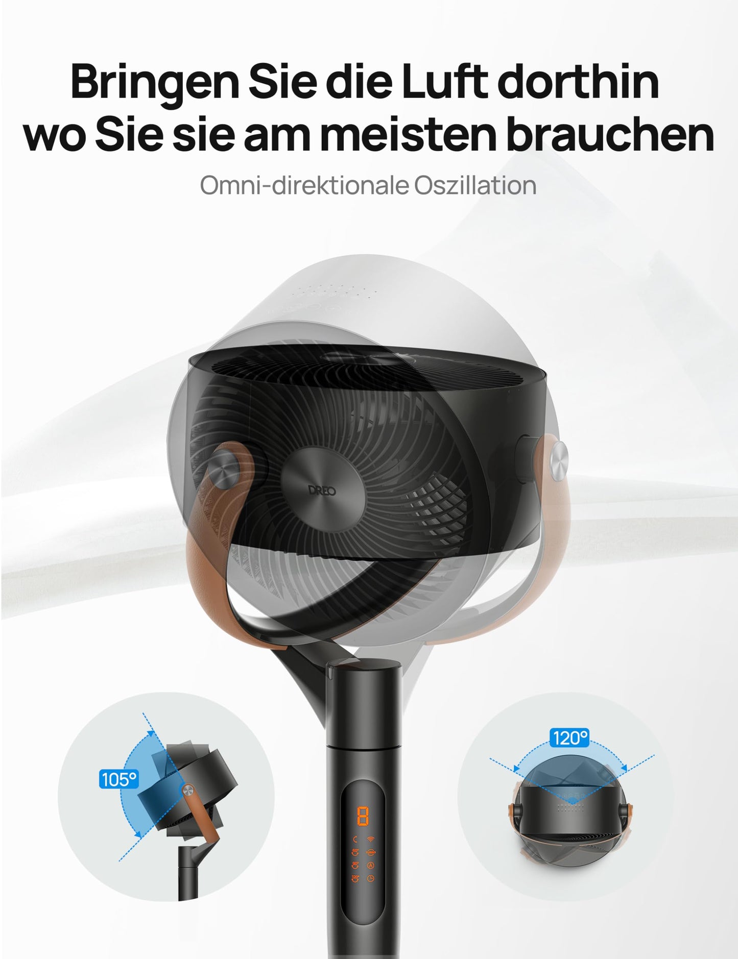 Dreo 25 dB leiser Smart Standventilator – 120°+105° Oszillation, 30 m Reichweite, 1650 m³/h Luftvolumen, Turbo-Luftzirkulator, 6 Modi, 8 Stufen