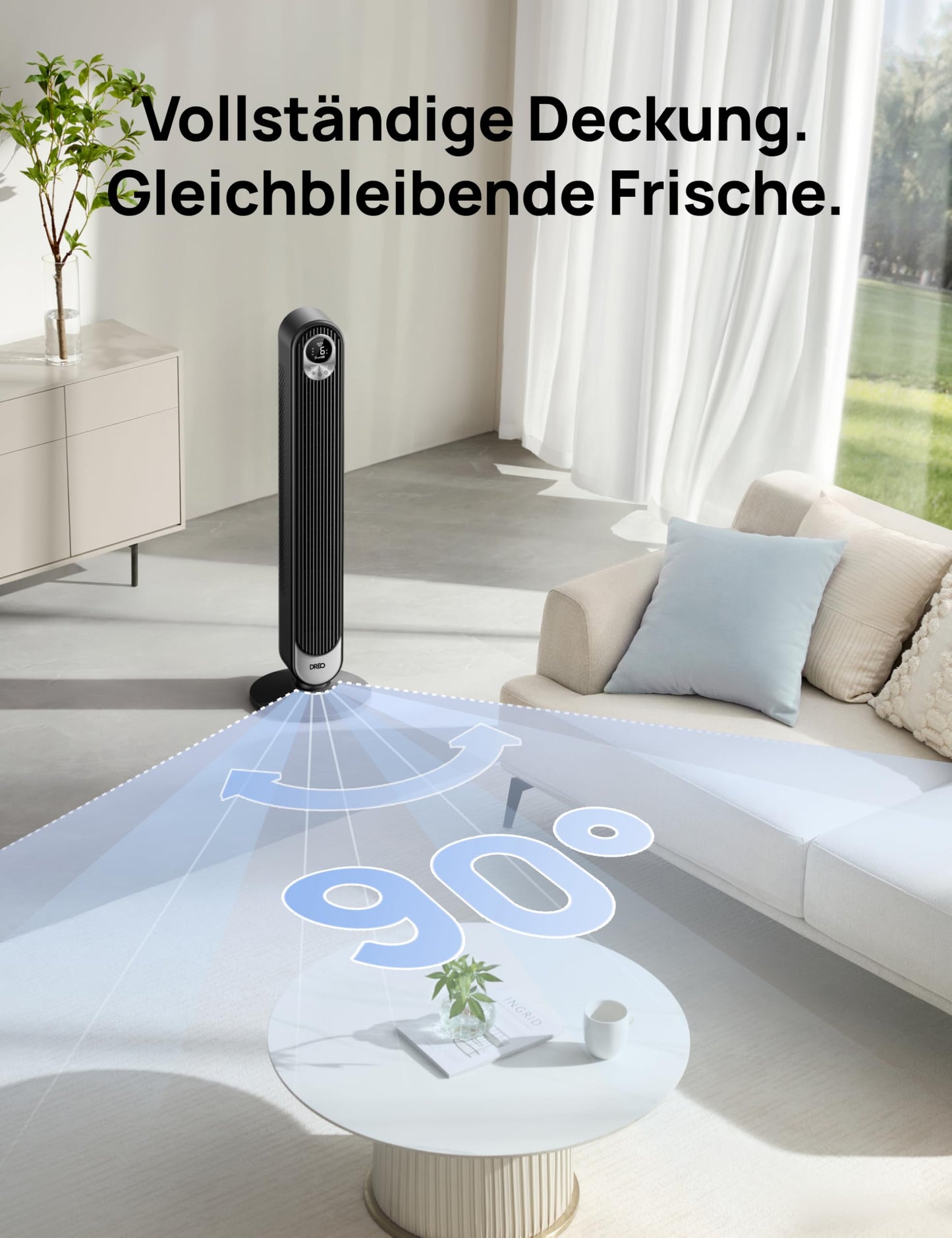 Dreo Smart Turmventilator – 20 dB leise, 9 m Reichweite, 6 Stufen, 4 Modi, 90° Oszillation, Fernbedienung, Sprachsteuerung, 12 h Timer