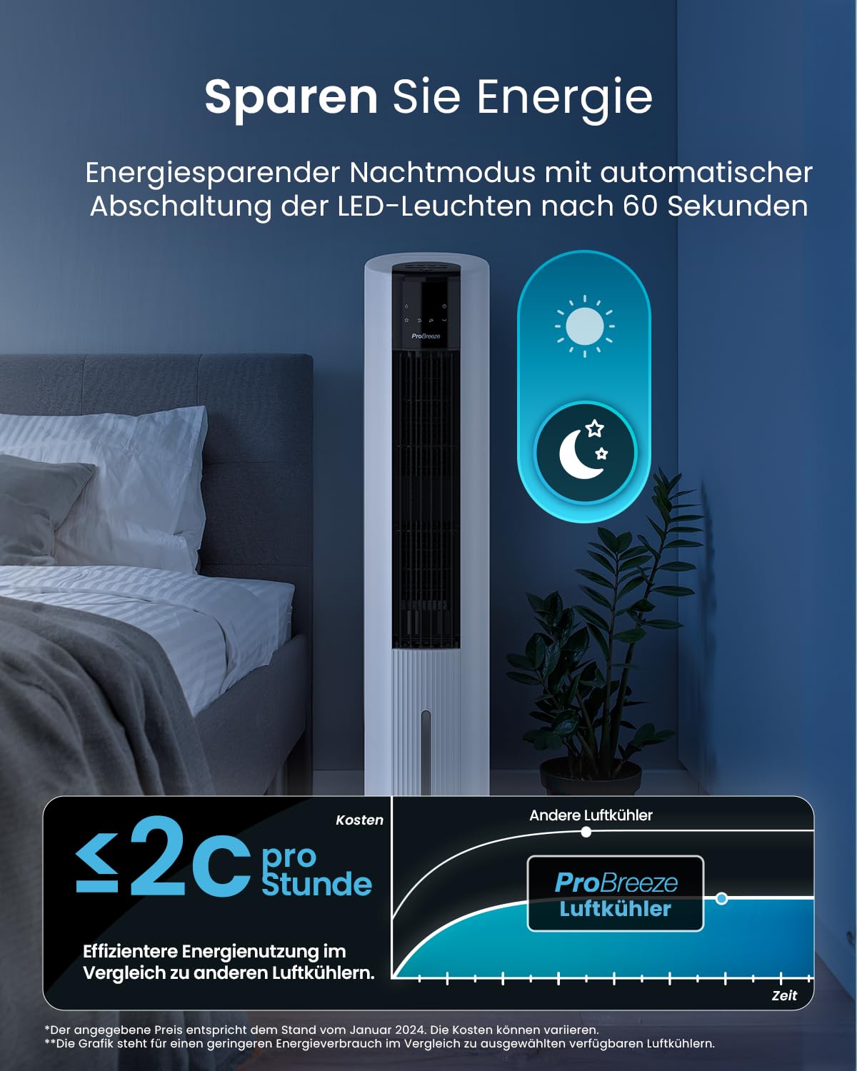 Pro Breeze OmniAir Turmventilator mit Wasserkühlung – 4 Modi, 4 Stufen, Fernbedienung, leise, 7L Verdunstungskühler, mobile Klimaanlage ohne Abluft