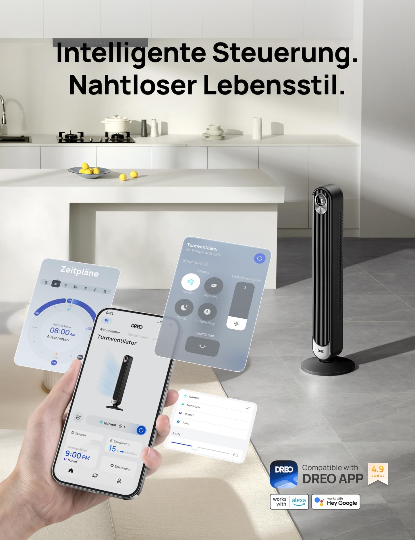 Dreo Smart Turmventilator – 20 dB leise, 9 m Reichweite, 6 Stufen, 4 Modi, 90° Oszillation, Fernbedienung, Sprachsteuerung, 12 h Timer