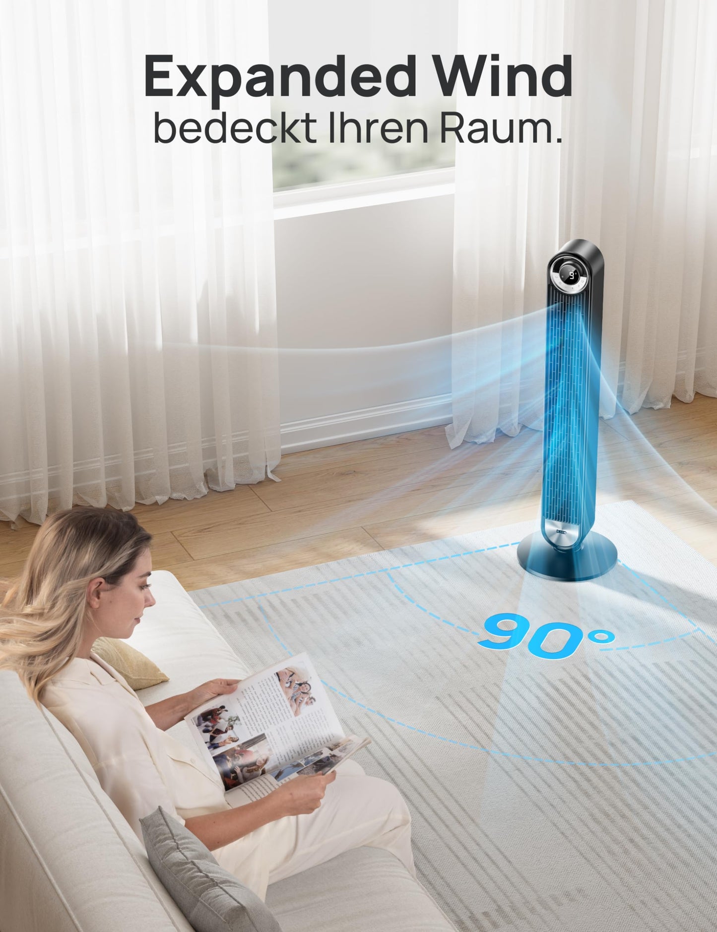 Dreo Smart Turmventilator 106 cm – leise, WLAN & Alexa, 90° Oszillation, 9 Stufen, 4 Modi, 12 h Timer, Fernbedienung, Cruiser Pro T2S Schwarz