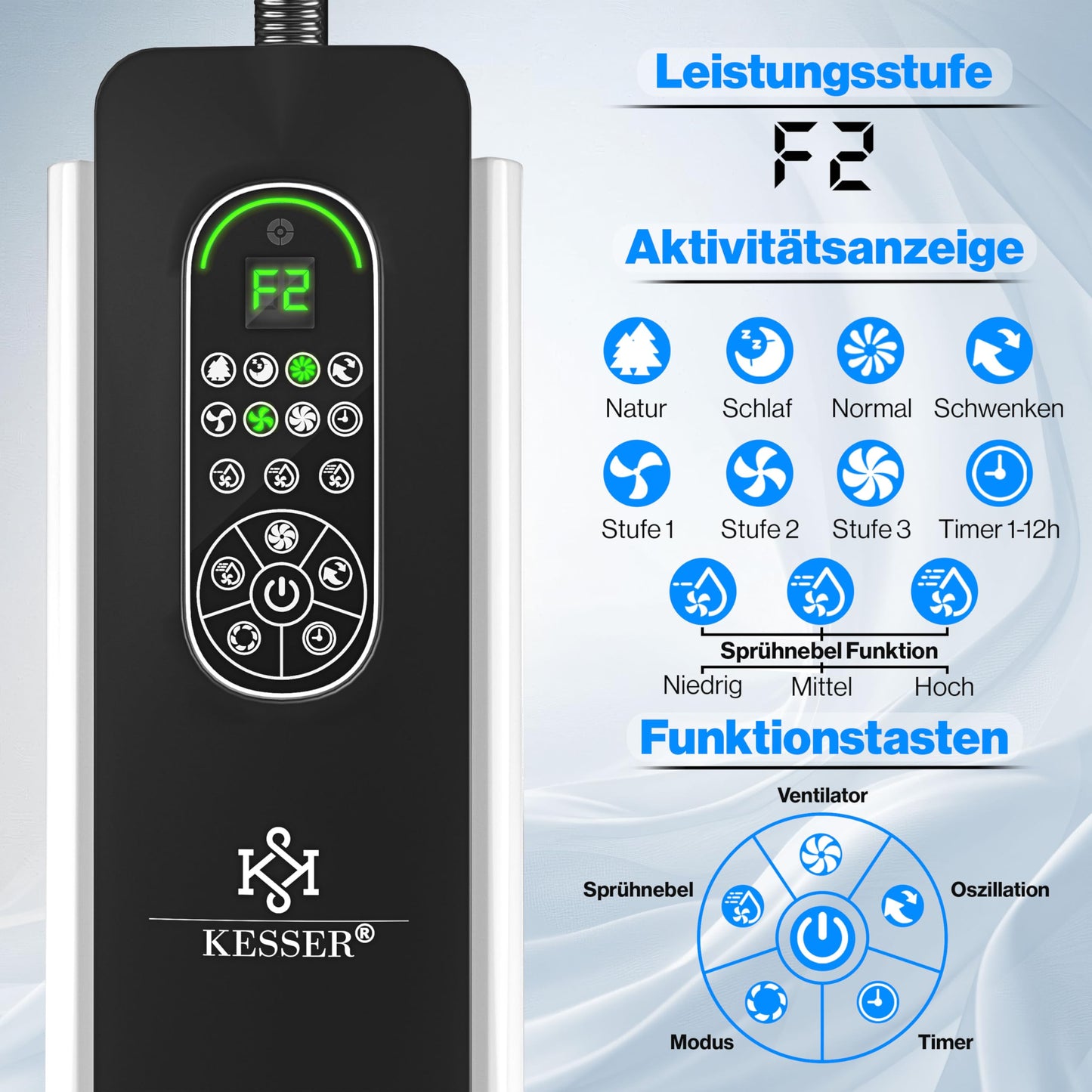 KESSER® Standventilator Frosty – mit Ultraschall-Sprühnebel, Wasserkühlung, Luftbefeuchter, leise, Timer, Fernbedienung, Weiß/Schwarz