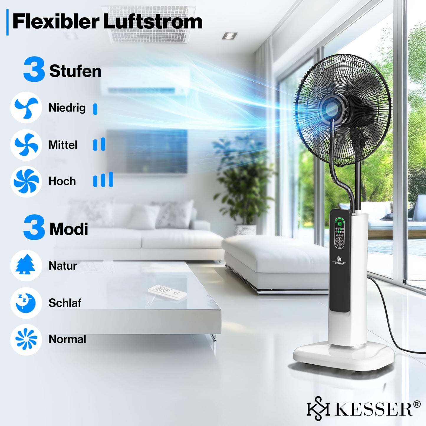 KESSER® Standventilator Frosty – mit Ultraschall-Sprühnebel, Wasserkühlung, Luftbefeuchter, leise, Timer, Fernbedienung, Weiß/Schwarz