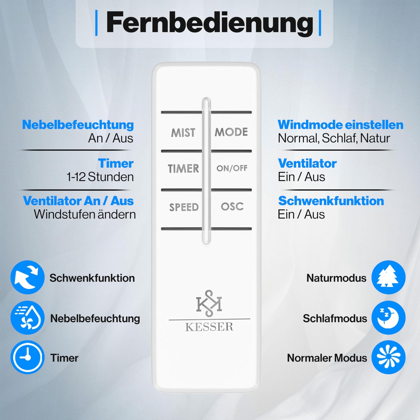 KESSER® Standventilator Frosty – mit Ultraschall-Sprühnebel, Wasserkühlung, Luftbefeuchter, leise, Timer, Fernbedienung, Weiß/Schwarz