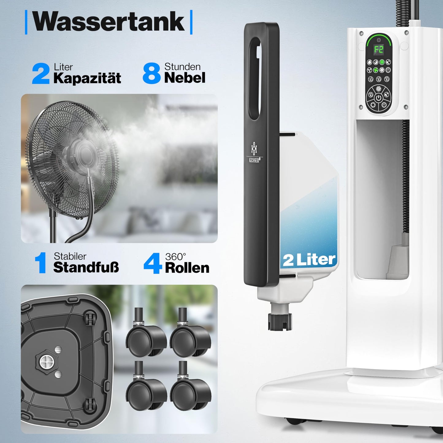 KESSER® Standventilator Frosty – mit Ultraschall-Sprühnebel, Wasserkühlung, Luftbefeuchter, leise, Timer, Fernbedienung, Weiß/Schwarz