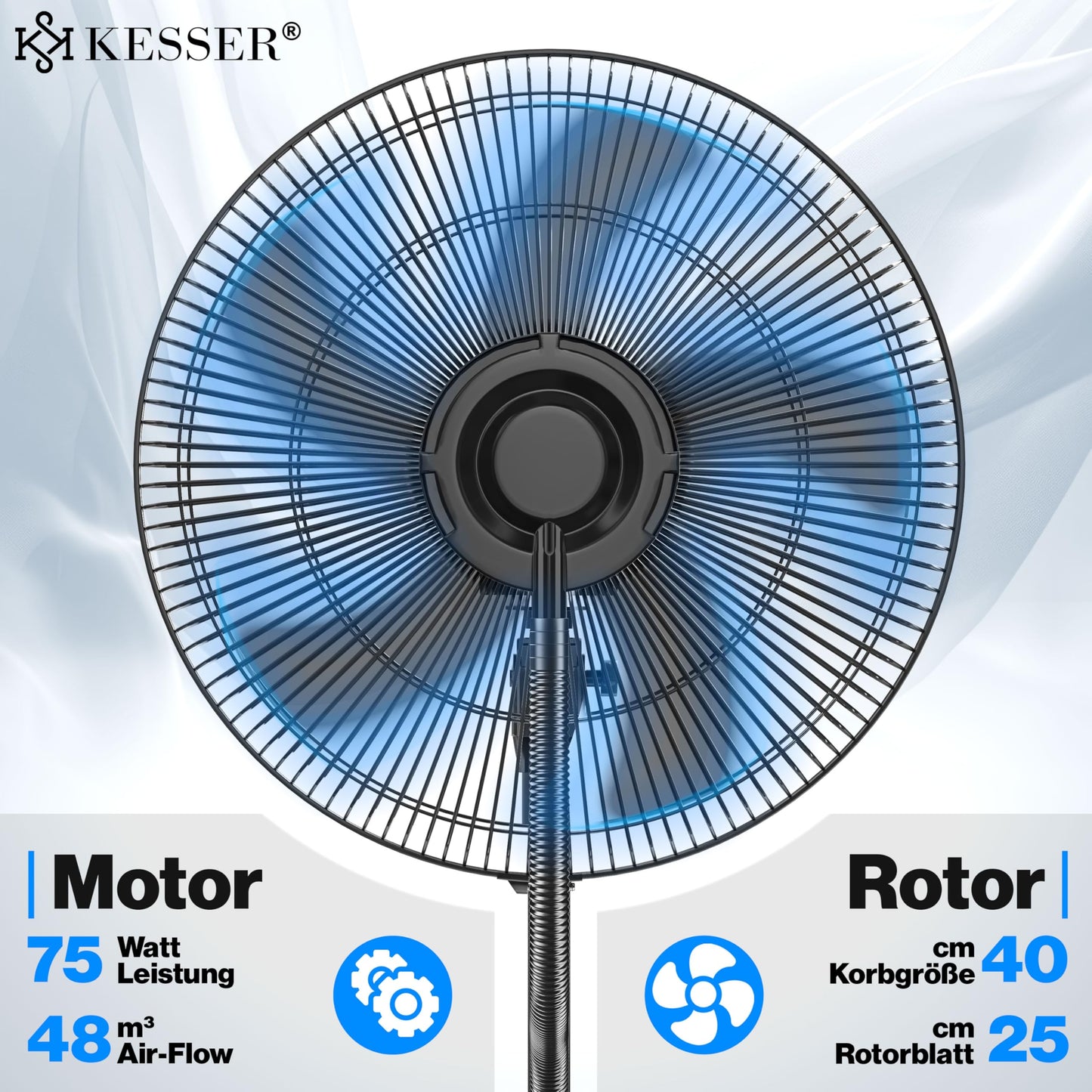 KESSER® Standventilator Frosty – mit Ultraschall-Sprühnebel, Wasserkühlung, Luftbefeuchter, leise, Timer, Fernbedienung, Weiß/Schwarz