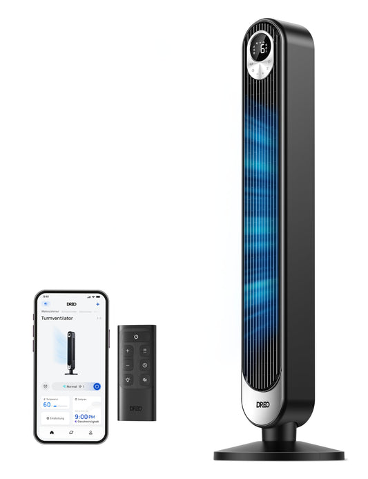 Dreo Smart Turmventilator – 20 dB leise, 9 m Reichweite, 6 Stufen, 4 Modi, 90° Oszillation, Fernbedienung, Sprachsteuerung, 12 h Timer