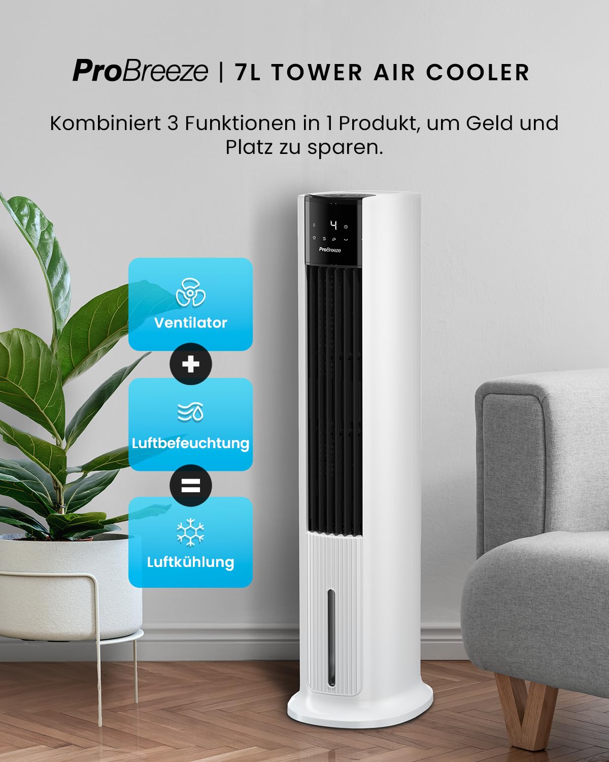 Pro Breeze OmniAir Turmventilator mit Wasserkühlung – 4 Modi, 4 Stufen, Fernbedienung, leise, 7L Verdunstungskühler, mobile Klimaanlage ohne Abluft