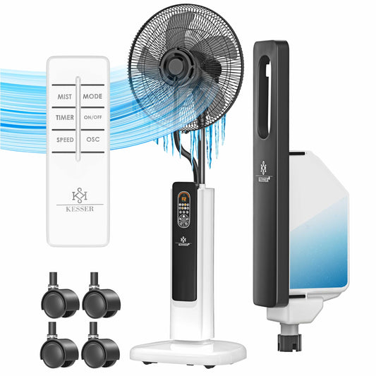 KESSER® Standventilator Frosty – mit Ultraschall-Sprühnebel, Wasserkühlung, Luftbefeuchter, leise, Timer, Fernbedienung, Weiß/Schwarz